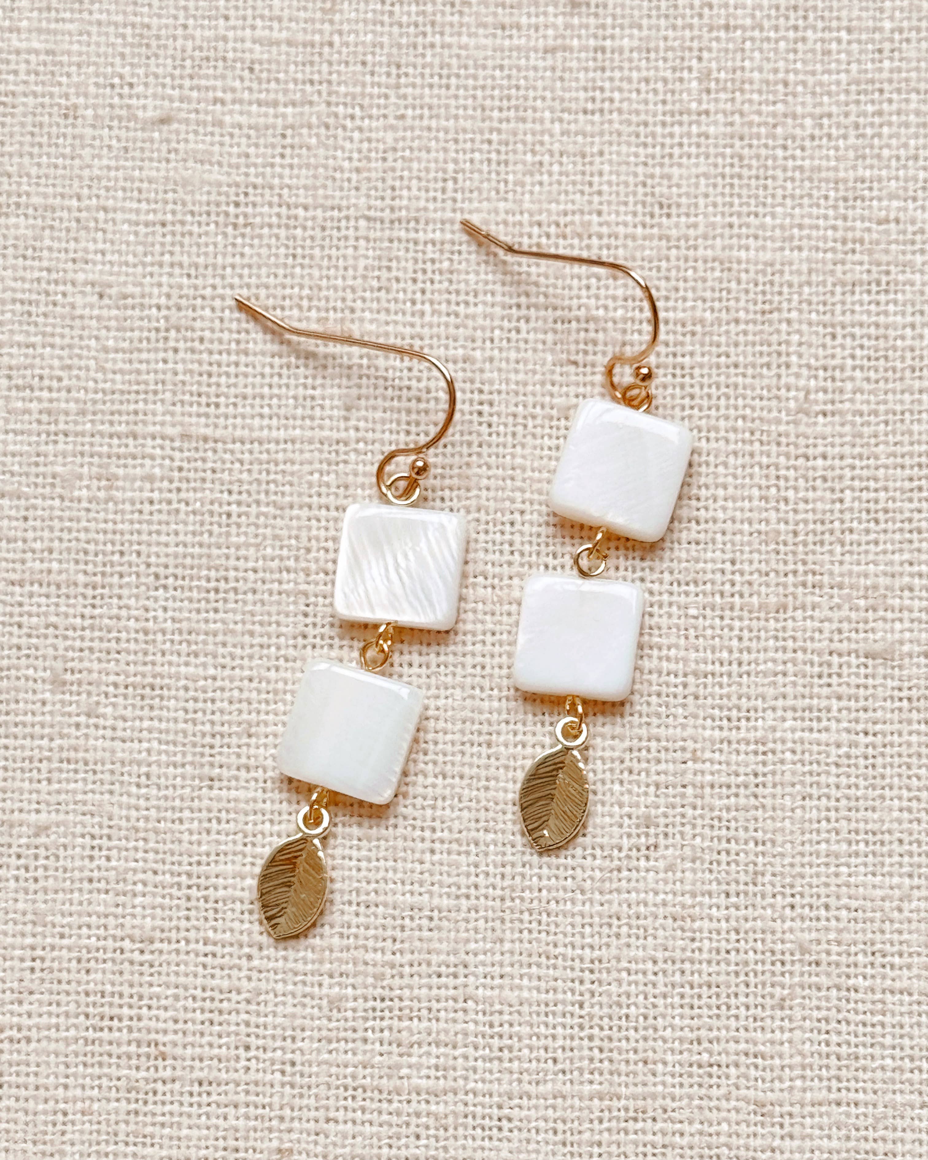Gold Double Shell and Leaf Drop Earrings