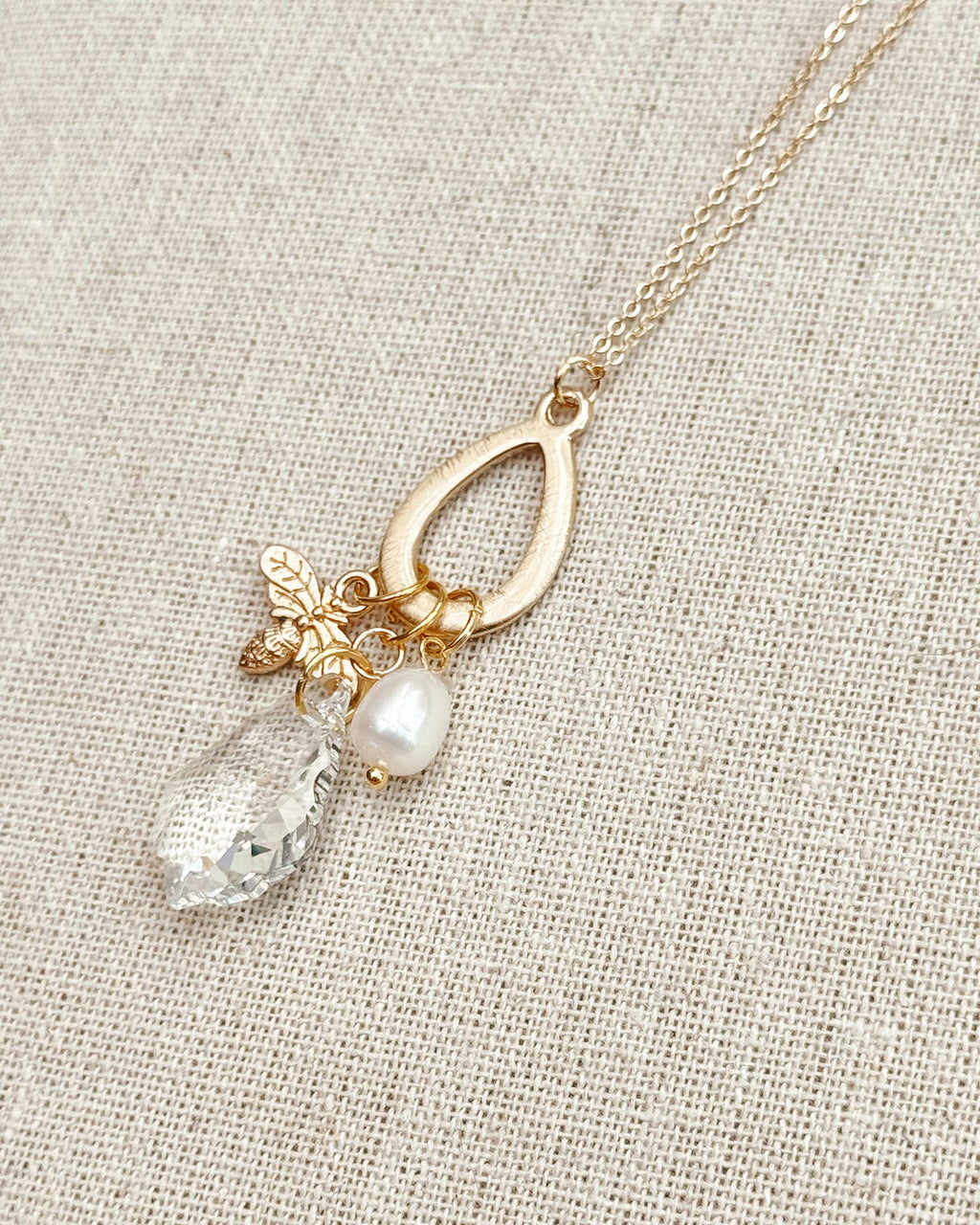 Gold Freshwater Pearl Swarovski Crystal Bee Charm Necklace