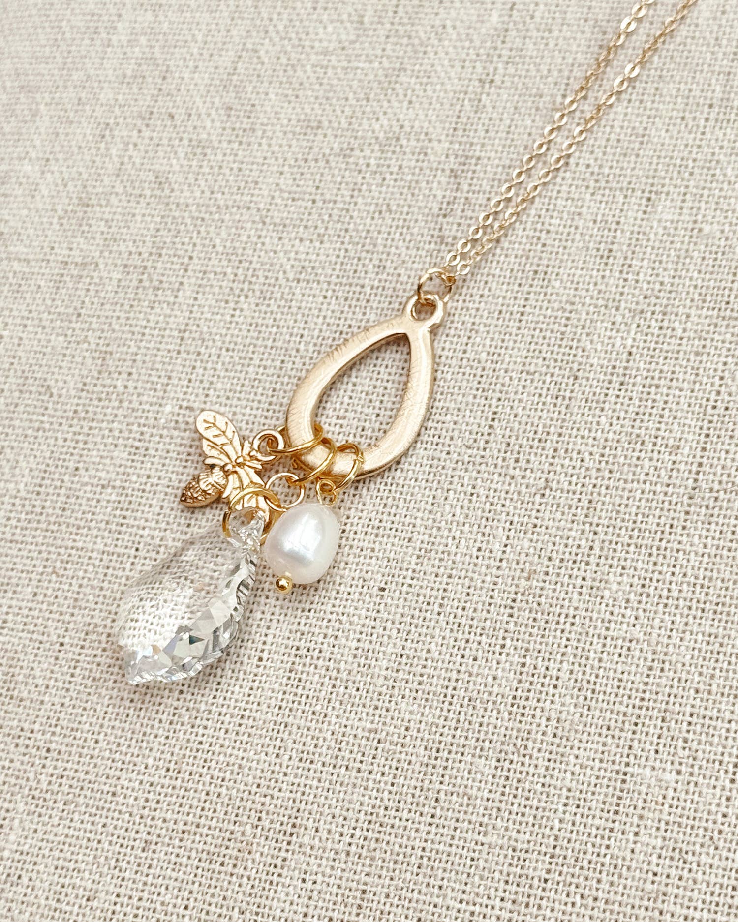 Gold Freshwater Pearl Swarovski Crystal Bee Charm Necklace