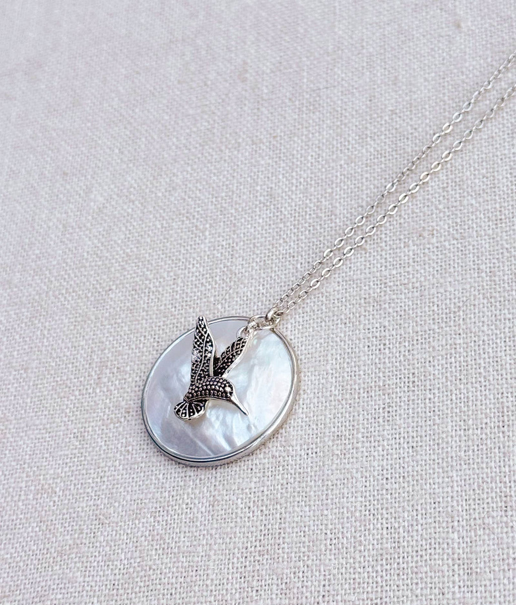 Rhodium Mother of Pearl Shell & Hummingbird Pendant Necklace