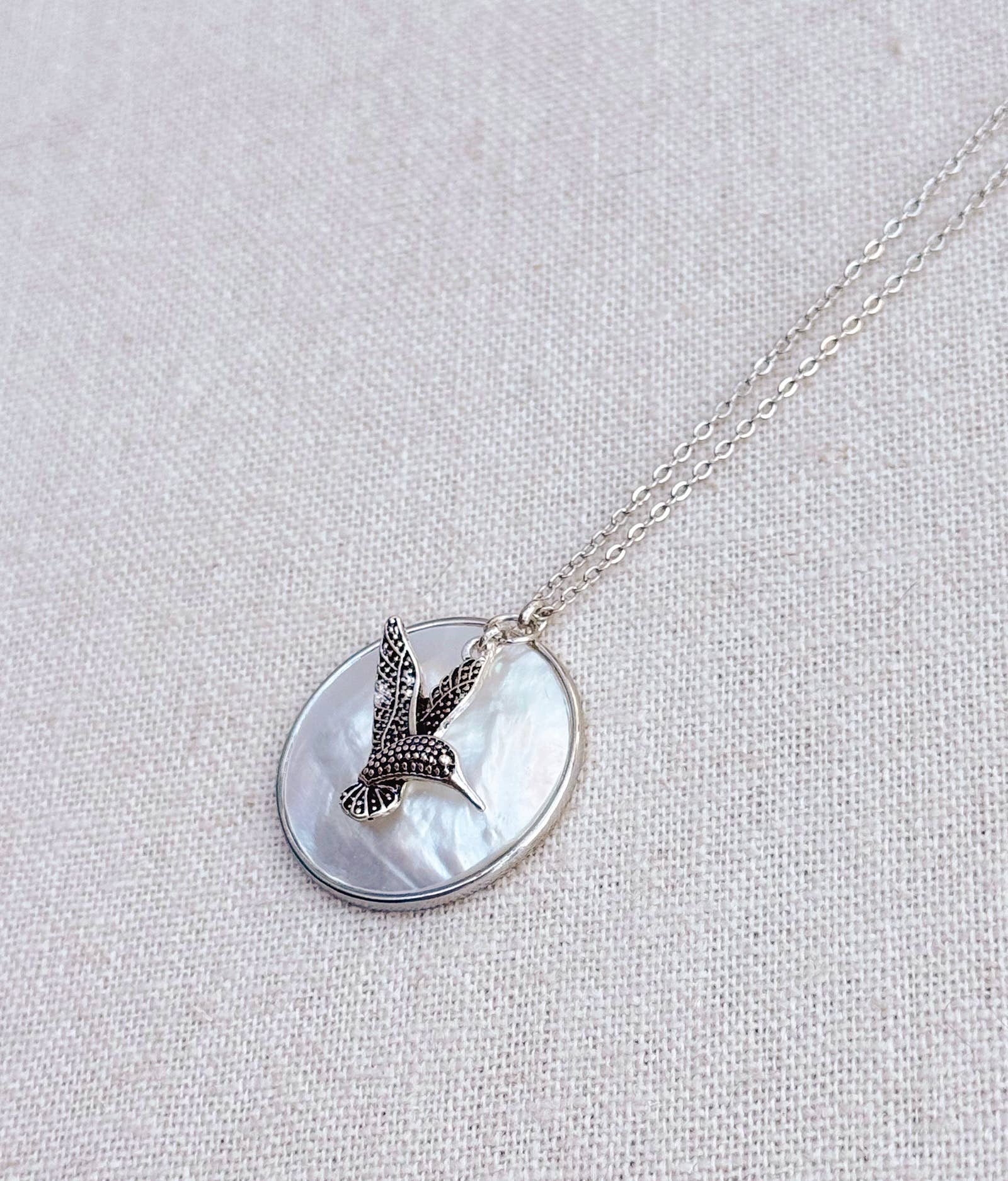 Rhodium Mother of Pearl Shell & Hummingbird Pendant Necklace