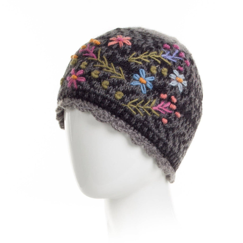 Sadie Floral Embroidered Wool Beanie Hat: Mint