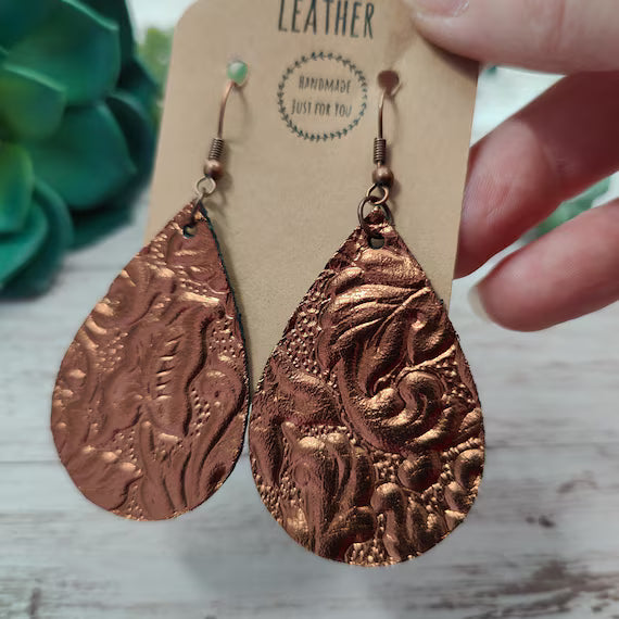 Copper Earrings Embossed with Vintage Lace