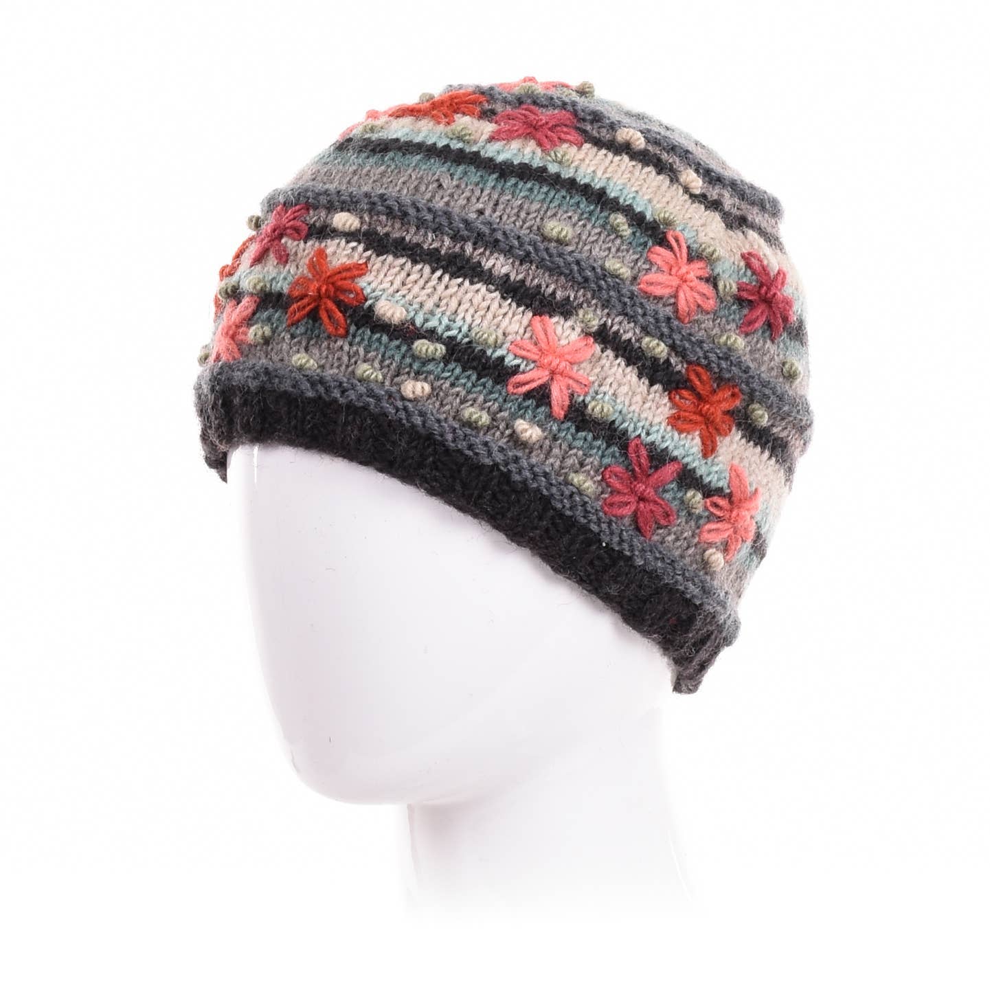 Skylar Beanie Hat – Striped Knit with Embroidered Flowers: Denim