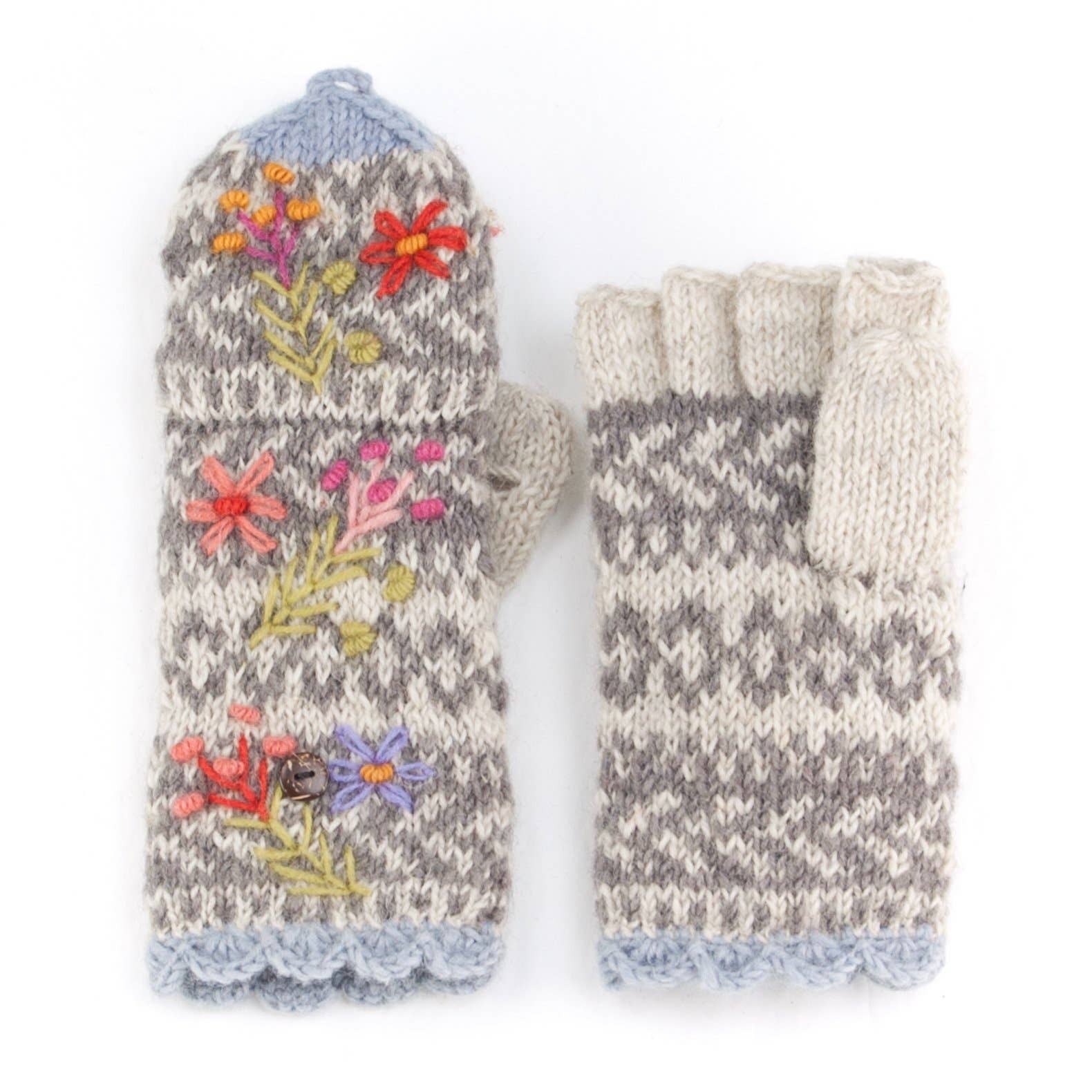 Sadie Wool Convertible Mittens with Embroidery: Mint