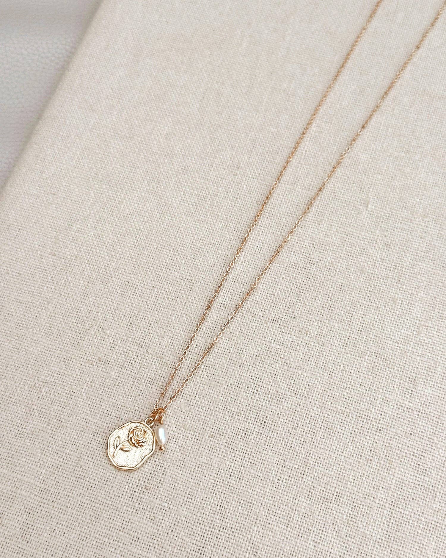 Rose Charm Necklace Gold Freshwater Pearl Detail