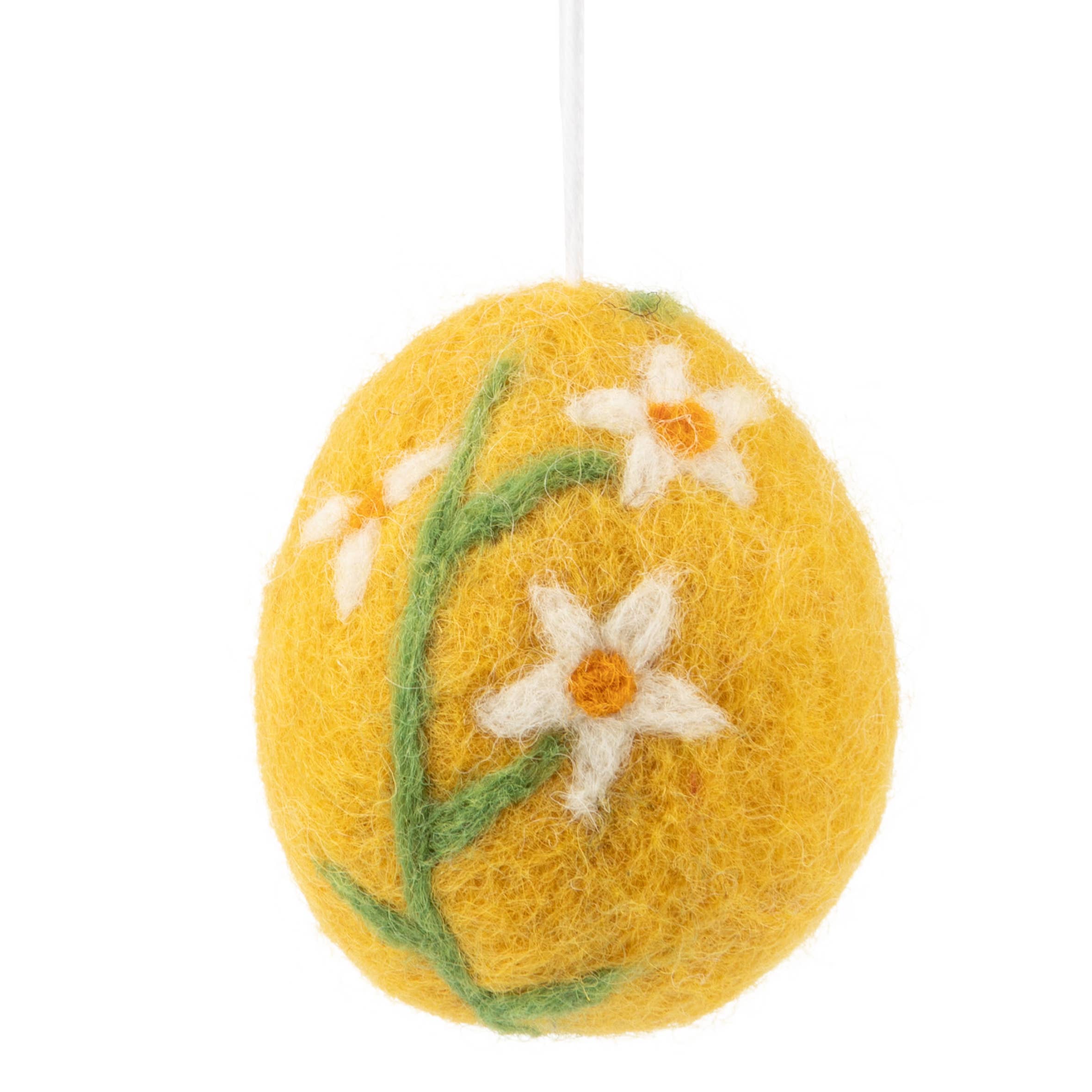 A05263: Felt egg orn, yellow with floral pattern, 2.5 in