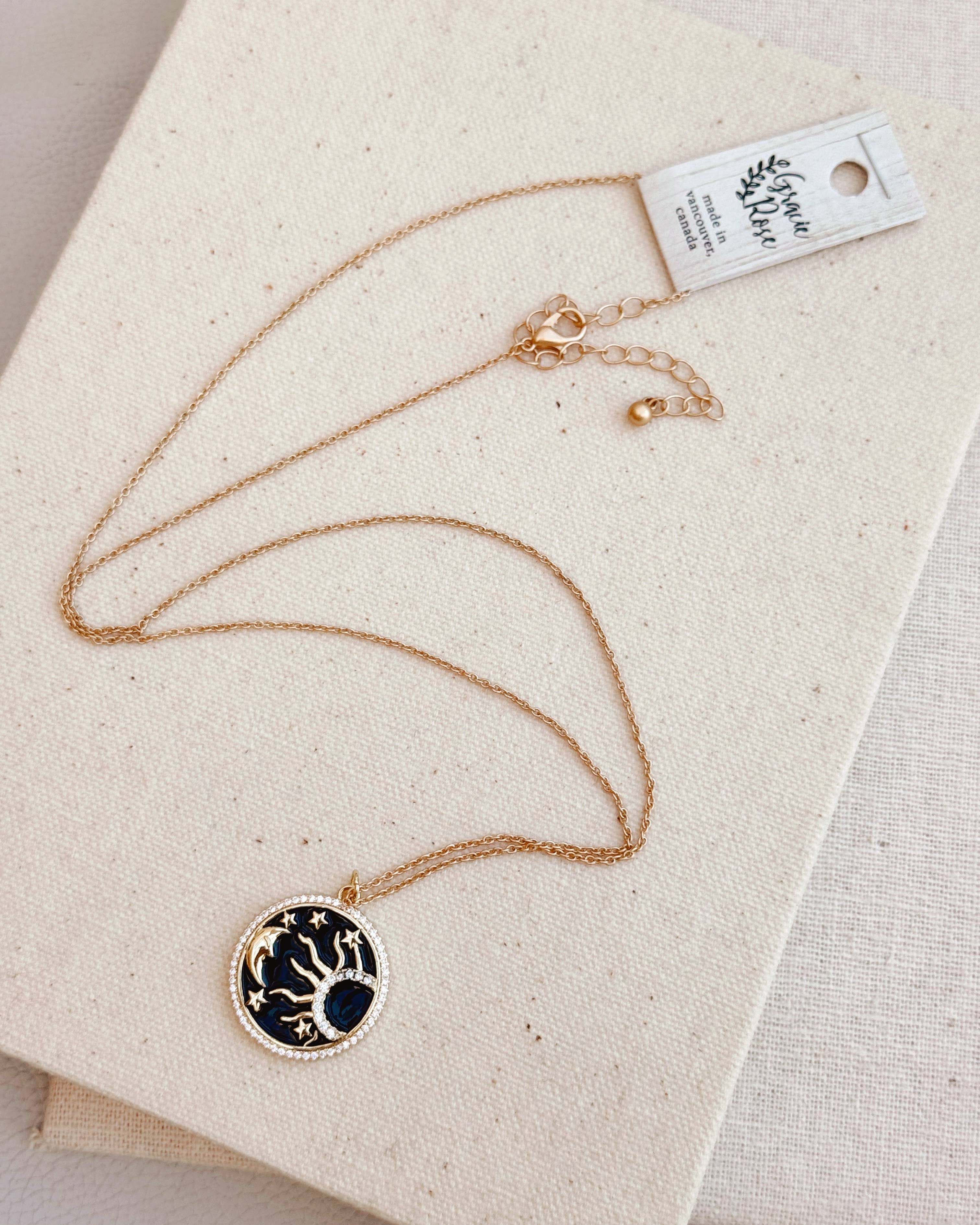 Gold Celestial Sun and Moon CZ Pendant Necklace