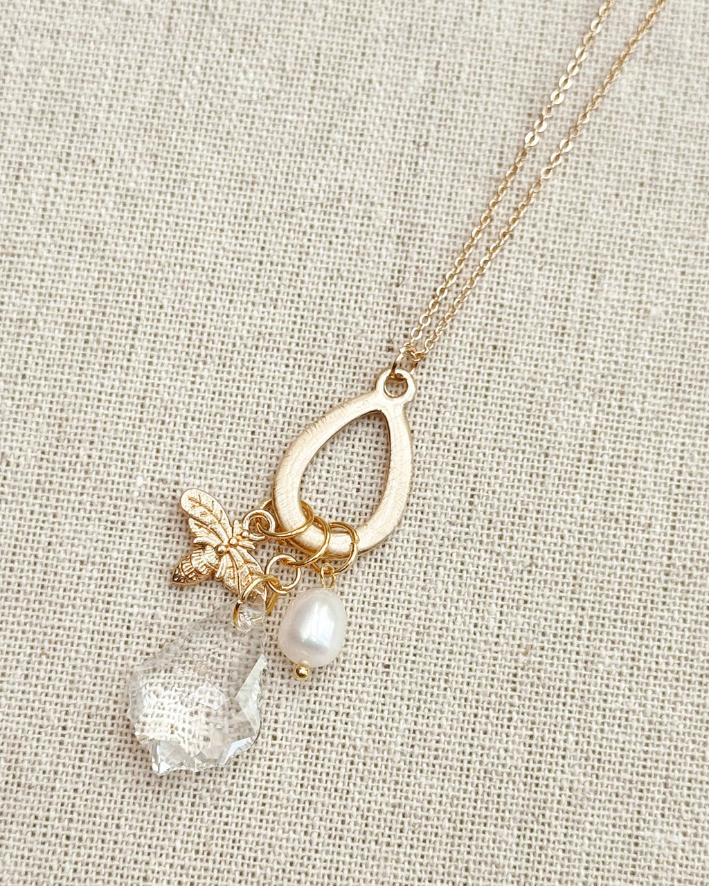 Gold Freshwater Pearl Swarovski Crystal Bee Charm Necklace