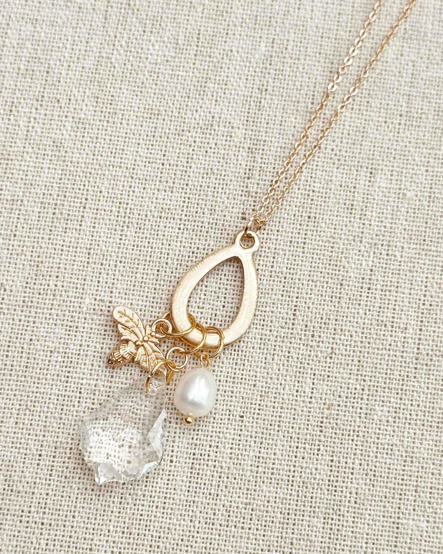 Gold Freshwater Pearl Swarovski Crystal Bee Charm Necklace