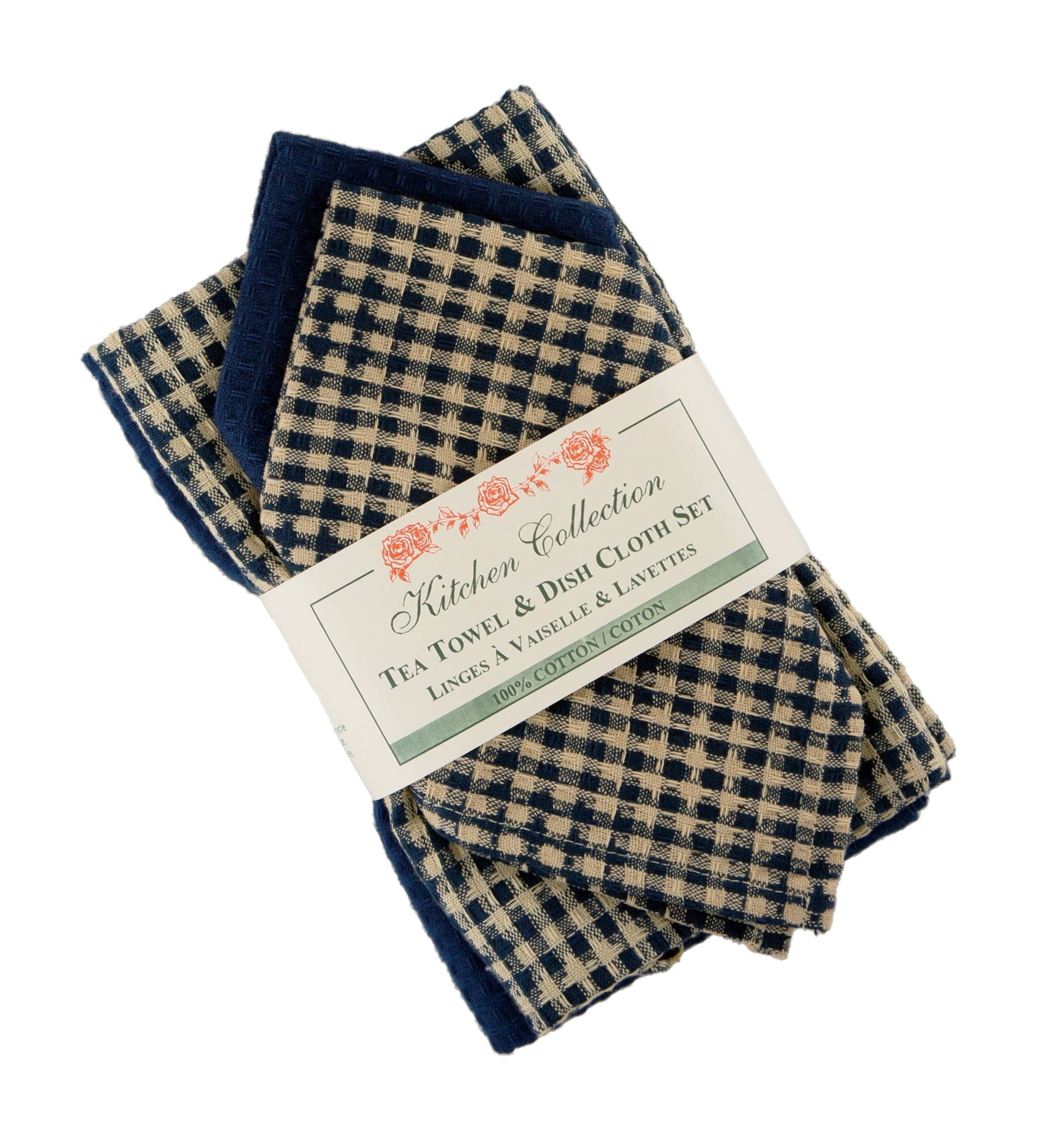 2 Tea Towel + 2 Dish Cloths Set - Navy Mini Check