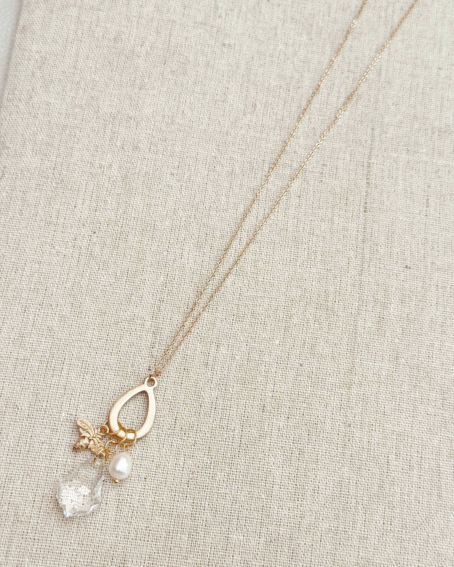 Gold Freshwater Pearl Swarovski Crystal Bee Charm Necklace