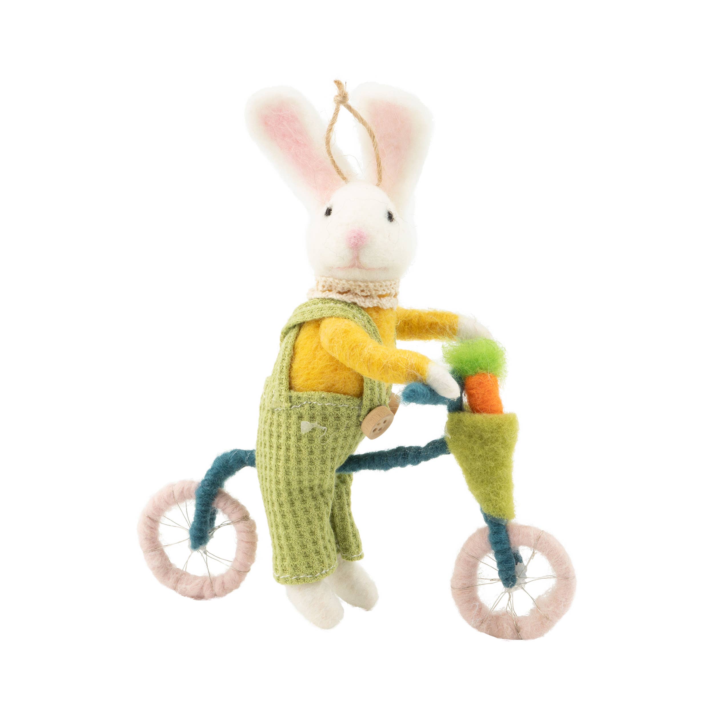 A23763: Felt bunny on bike ornament, 6 in