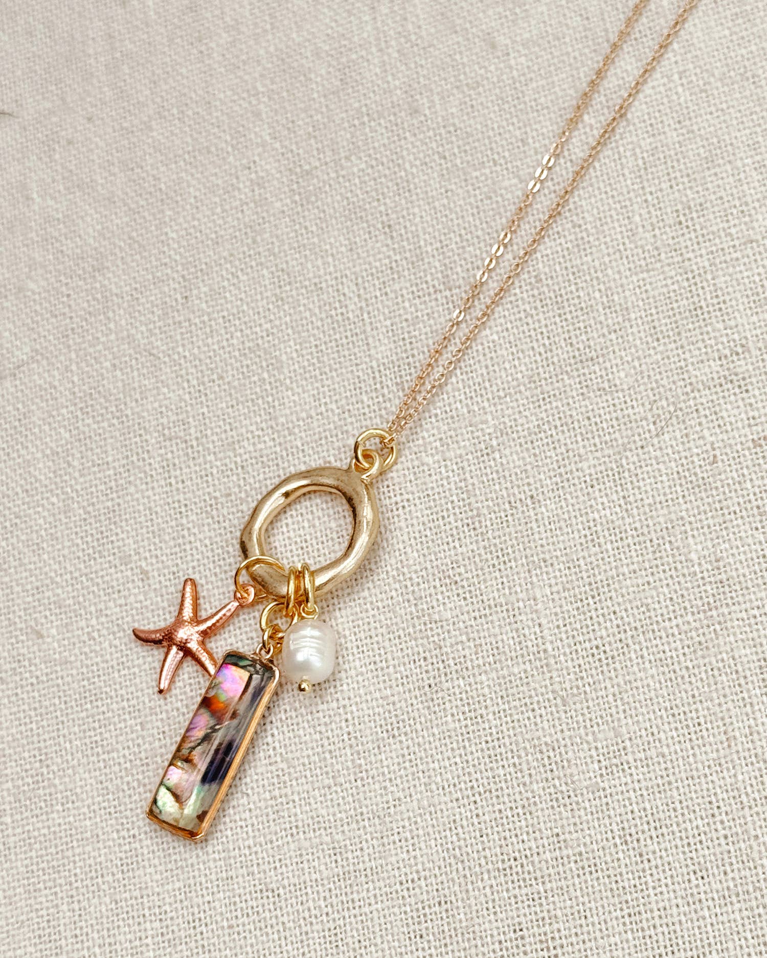 Abalone & Freshwater Pearl Starfish Charm Gold Long Necklace