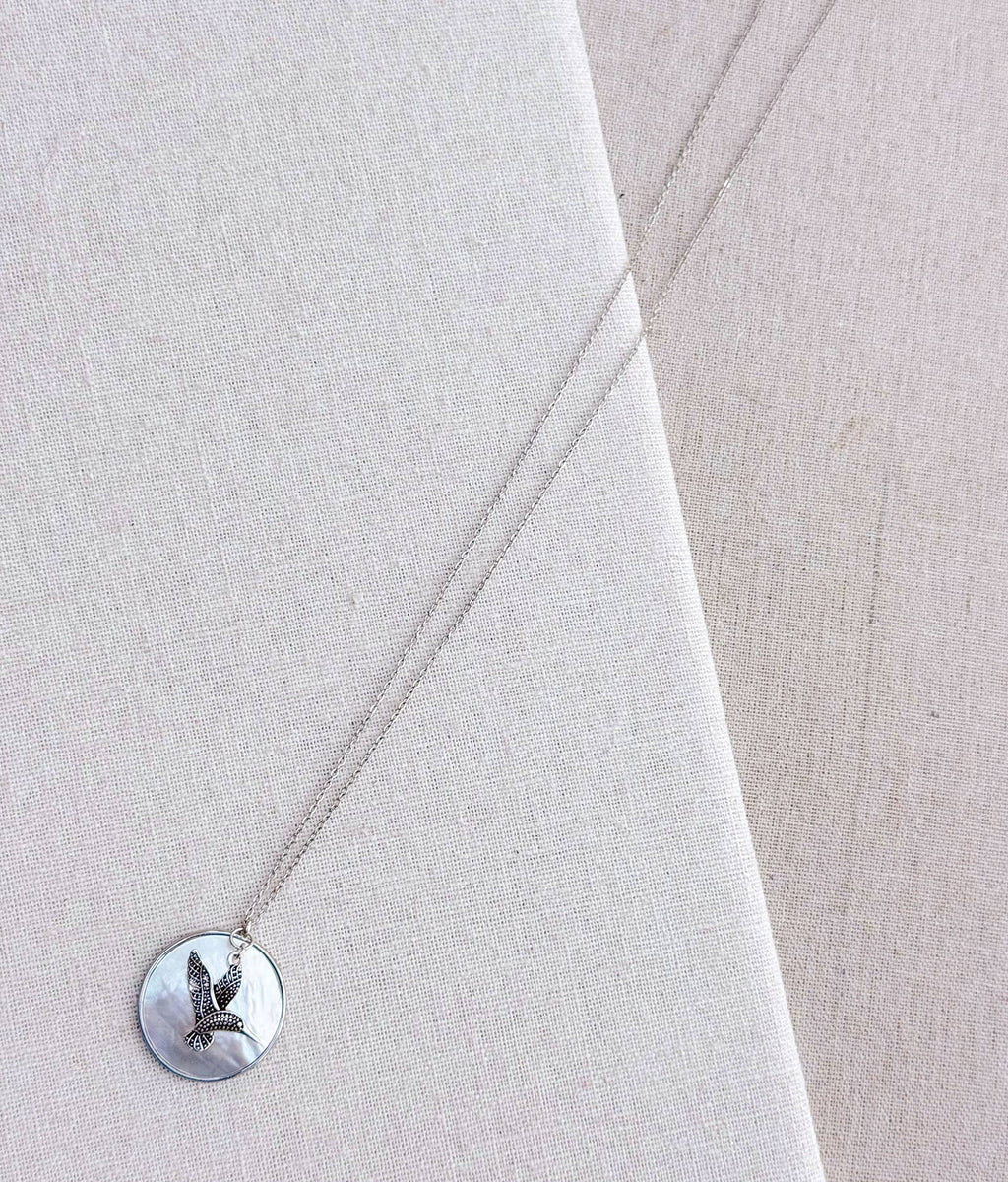 Rhodium Mother of Pearl Shell & Hummingbird Pendant Necklace