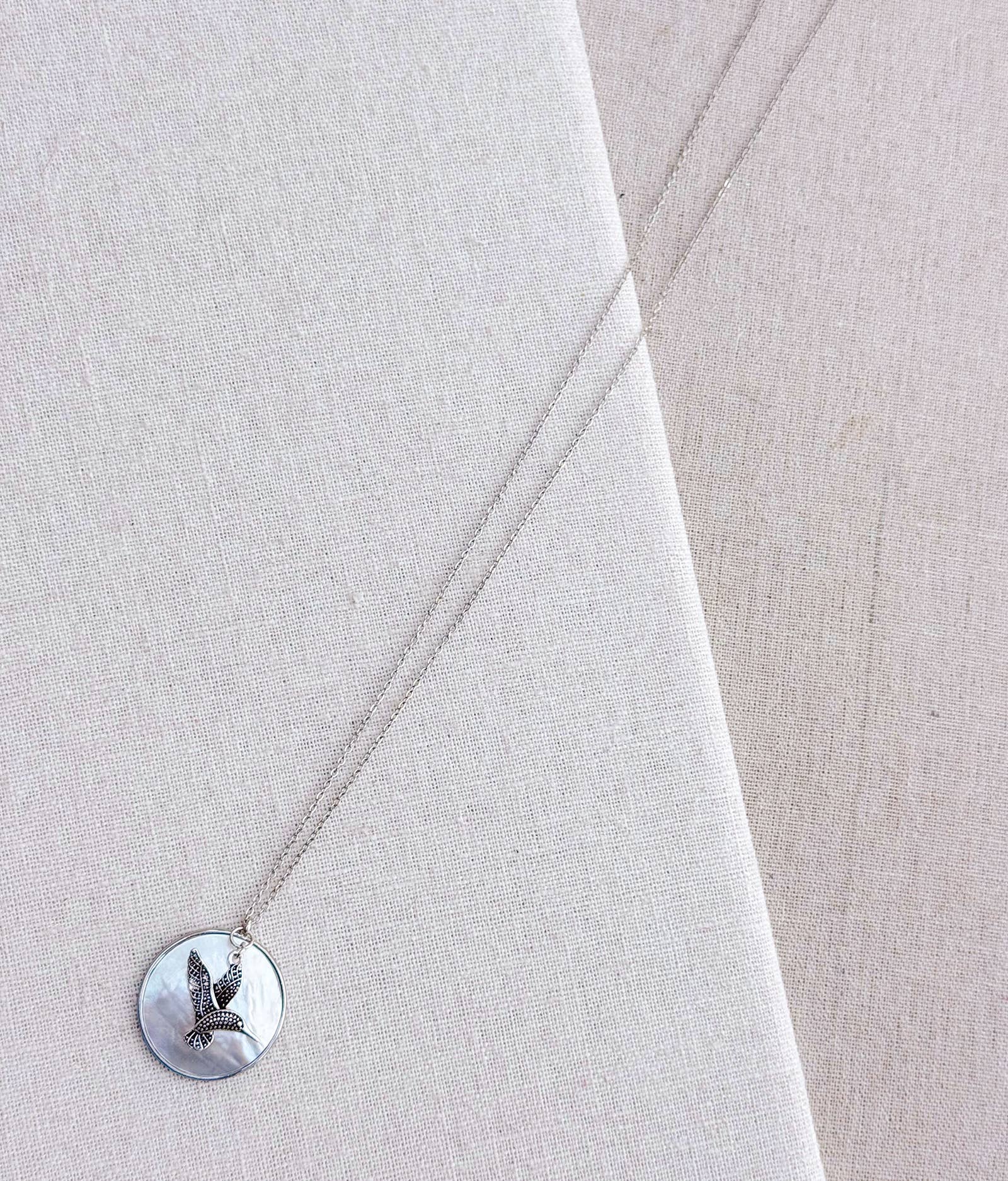 Rhodium Mother of Pearl Shell & Hummingbird Pendant Necklace