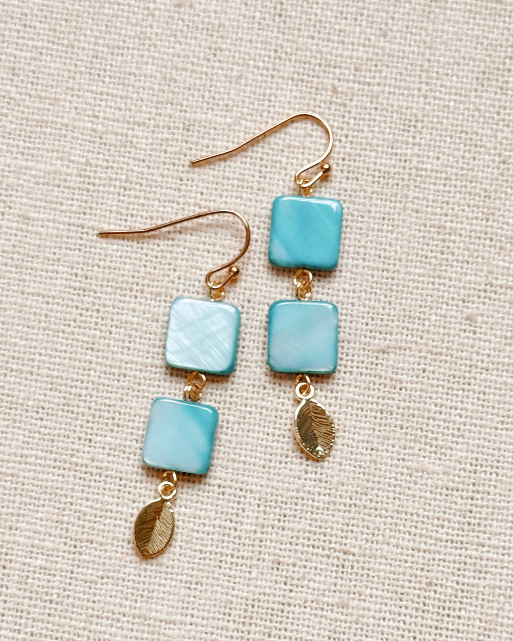 Gold Double Shell and Leaf Drop Earrings