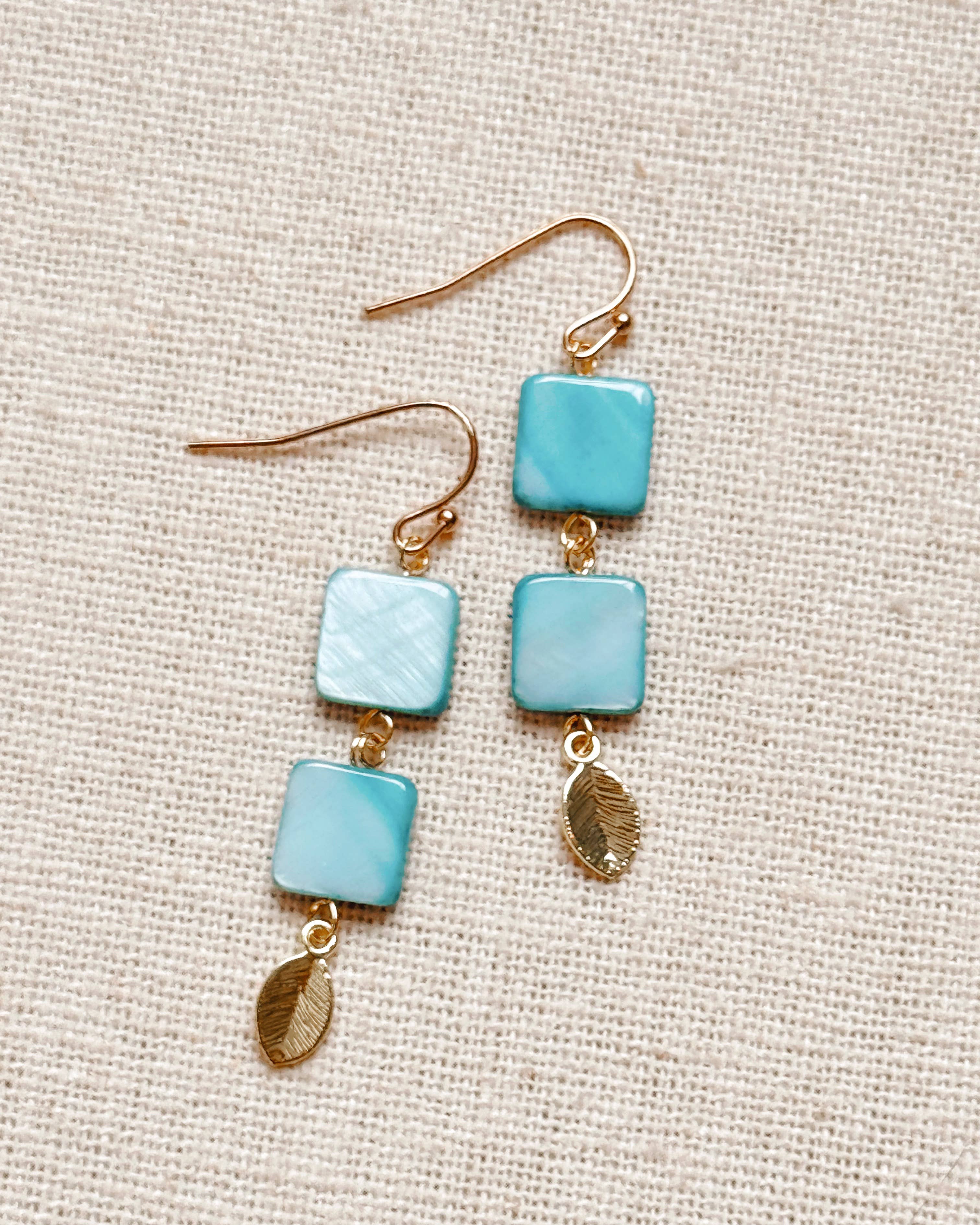 Gold Double Shell and Leaf Drop Earrings