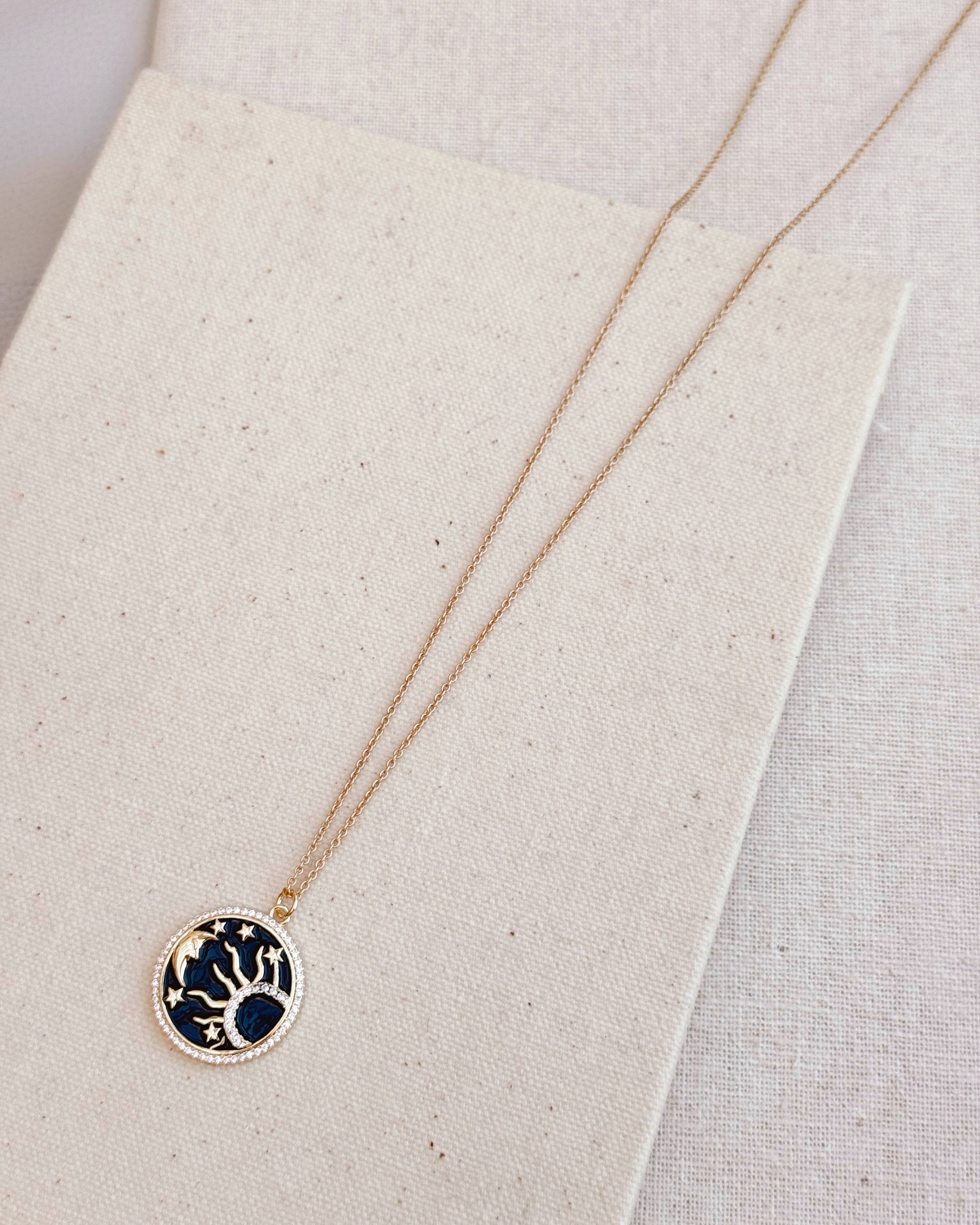 Gold Celestial Sun and Moon CZ Pendant Necklace