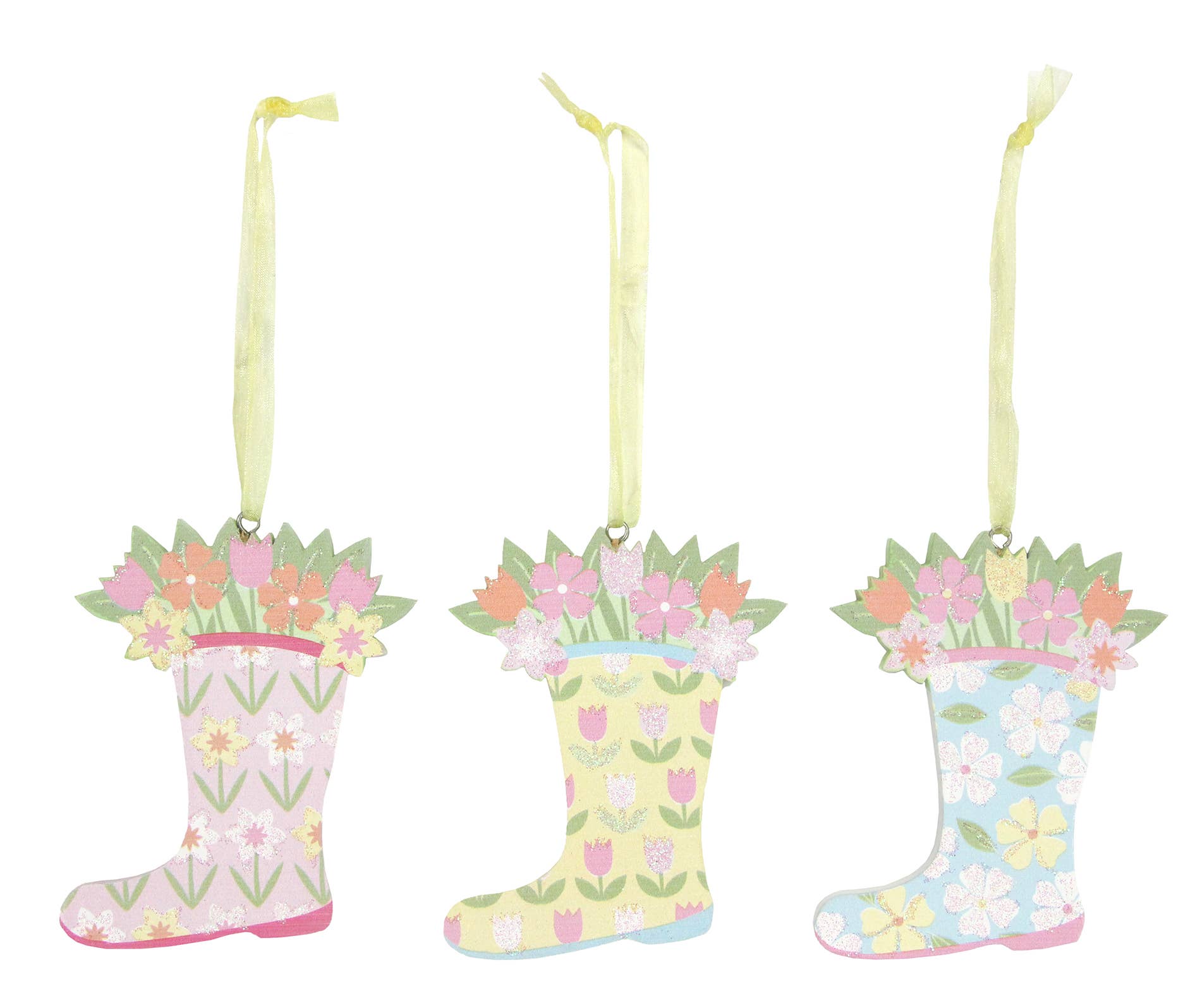 G69019: 3 Asst'd Easter bonnet wellington boot/flowers orn