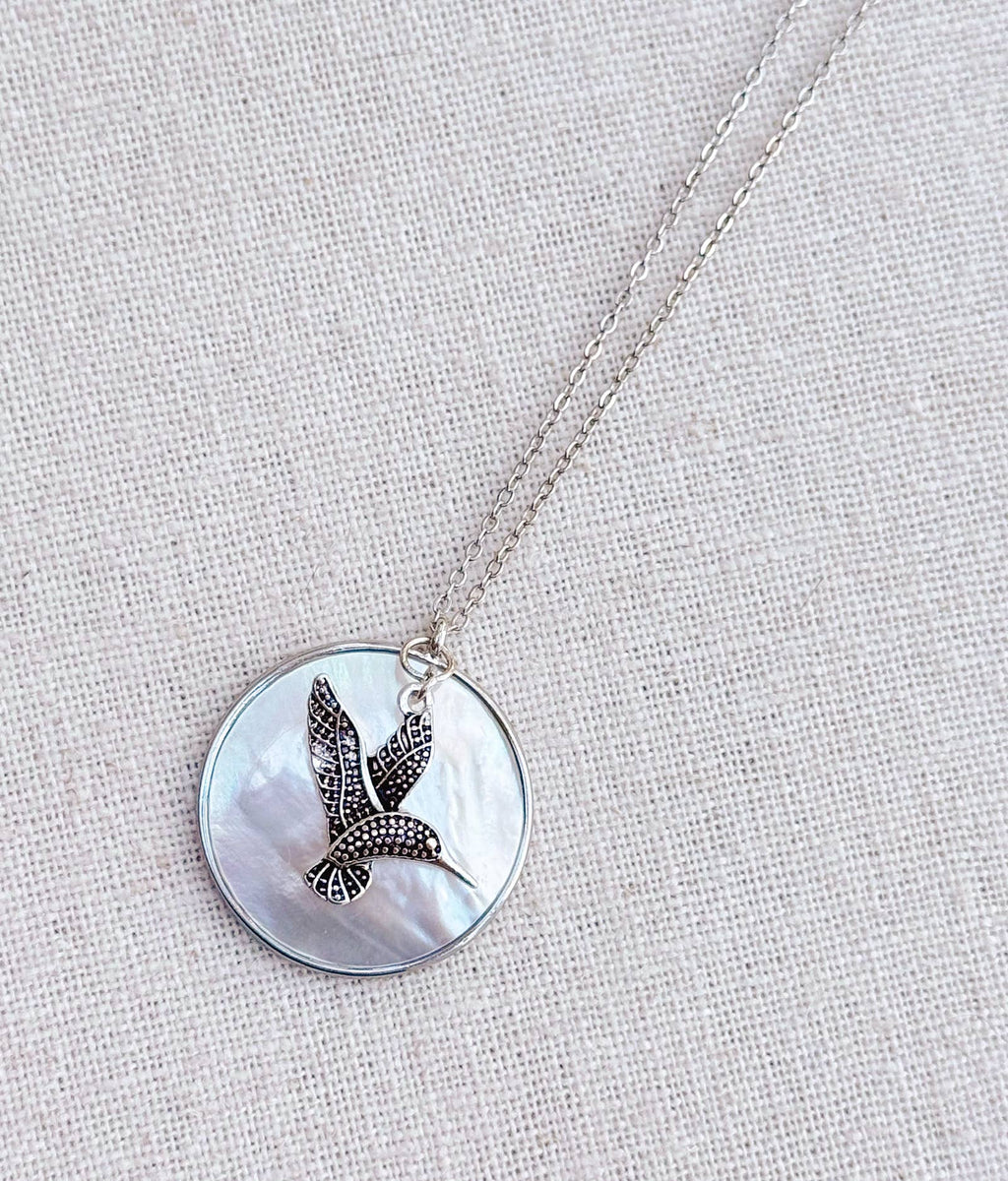 Rhodium Mother of Pearl Shell & Hummingbird Pendant Necklace