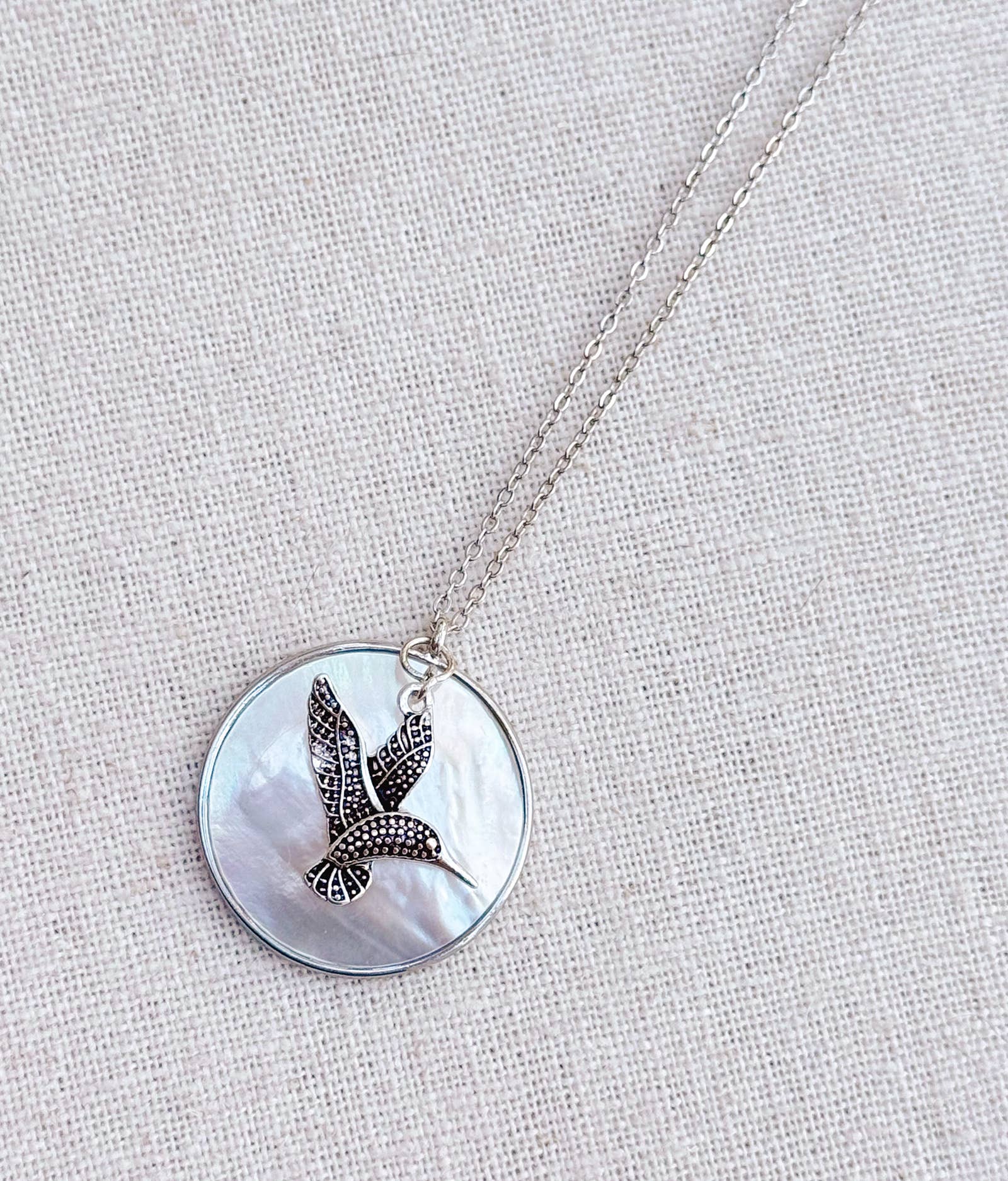 Rhodium Mother of Pearl Shell & Hummingbird Pendant Necklace