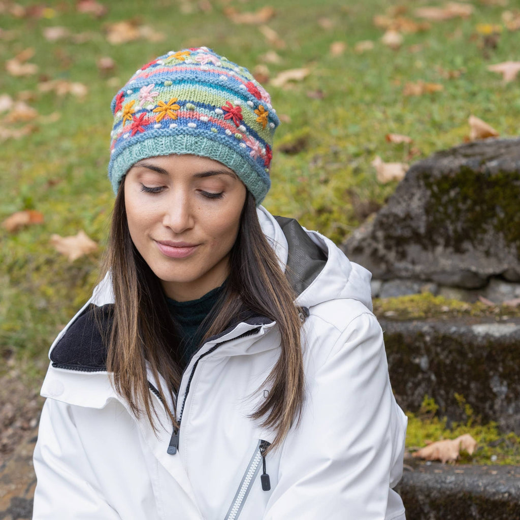 Skylar Beanie Hat – Striped Knit with Embroidered Flowers: Denim
