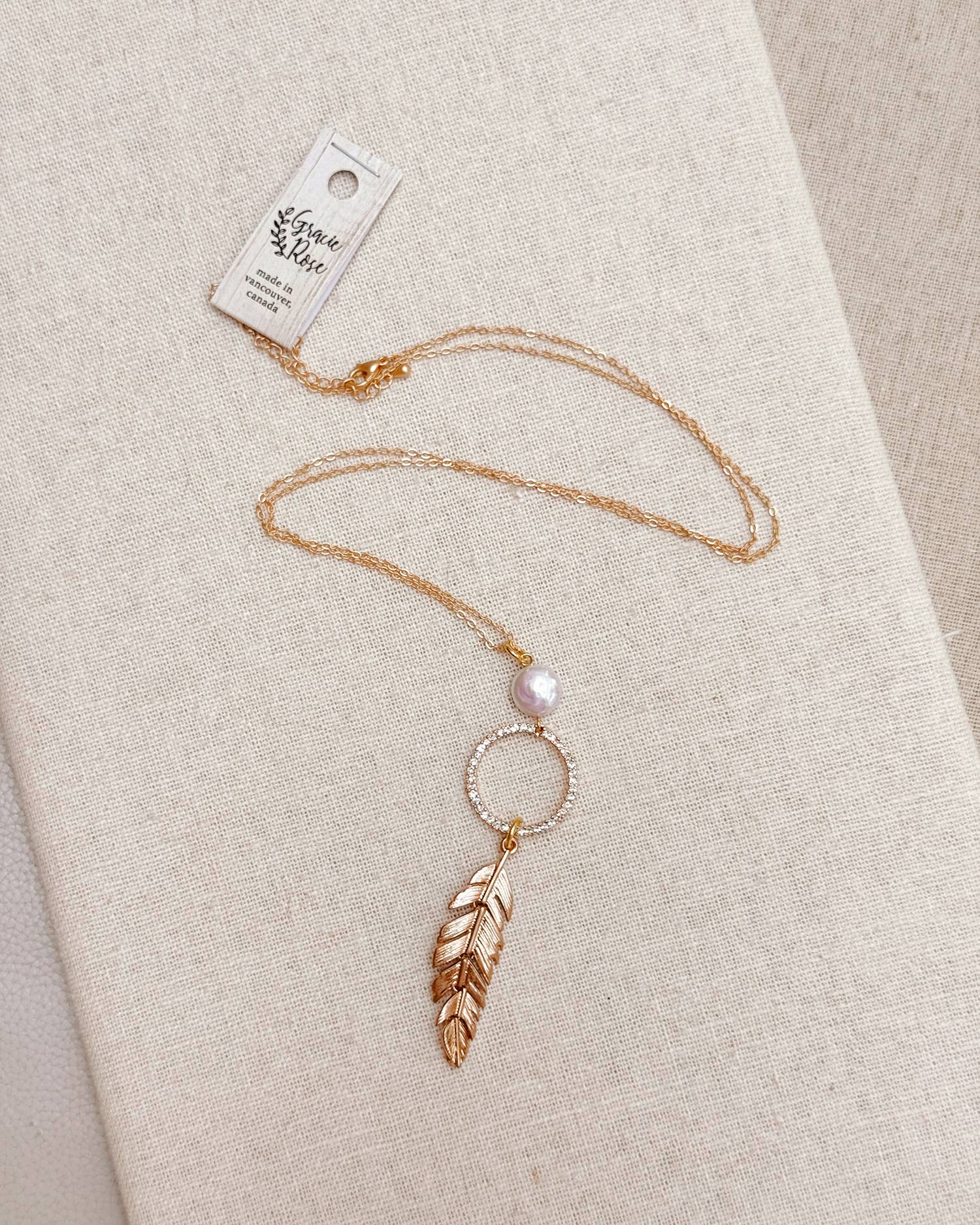 Pearl, Rhinestone Hoop & Feather Pendant Necklace: Silver