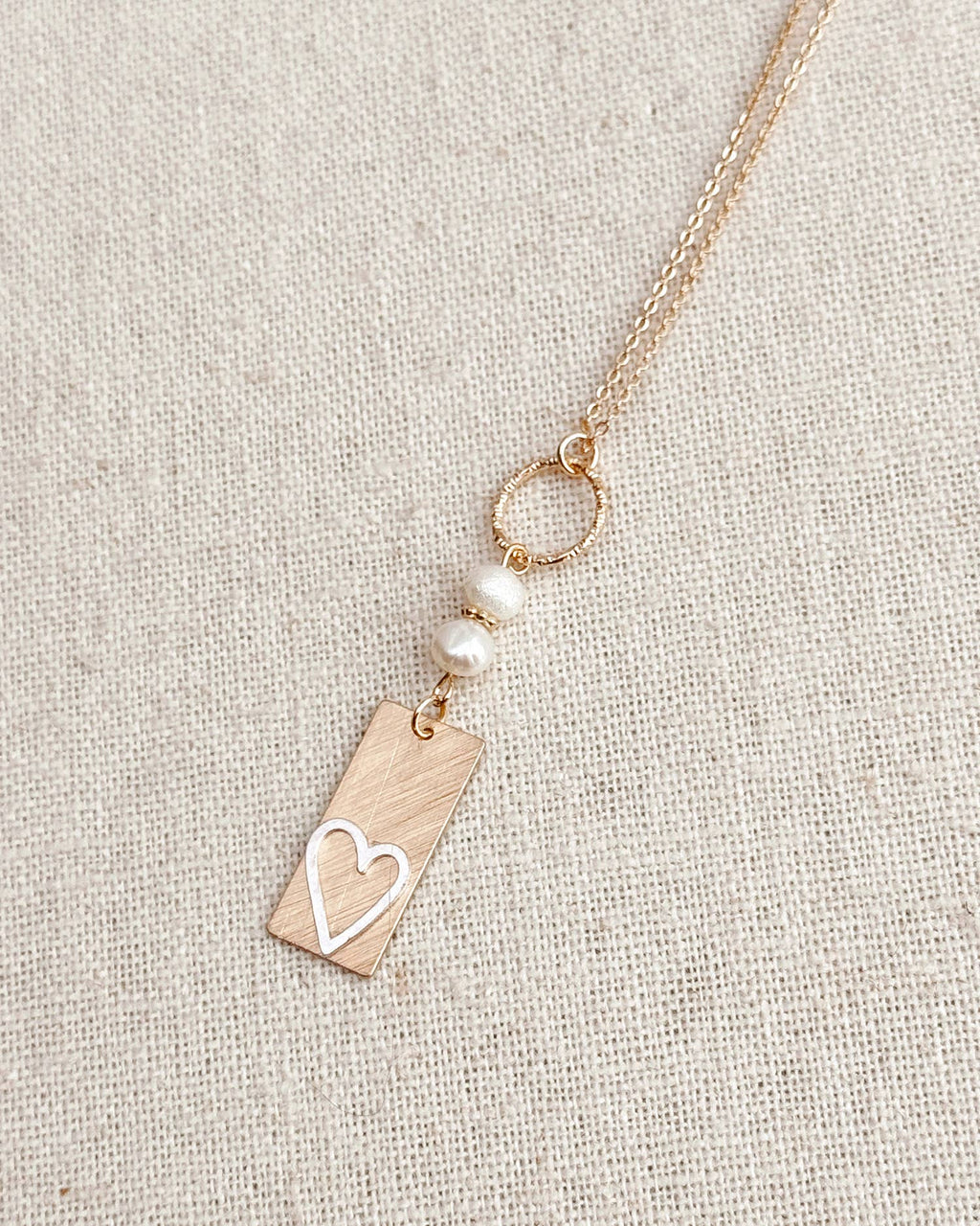 Two Tone Gold & Silver Pearl Heart Tag Necklace