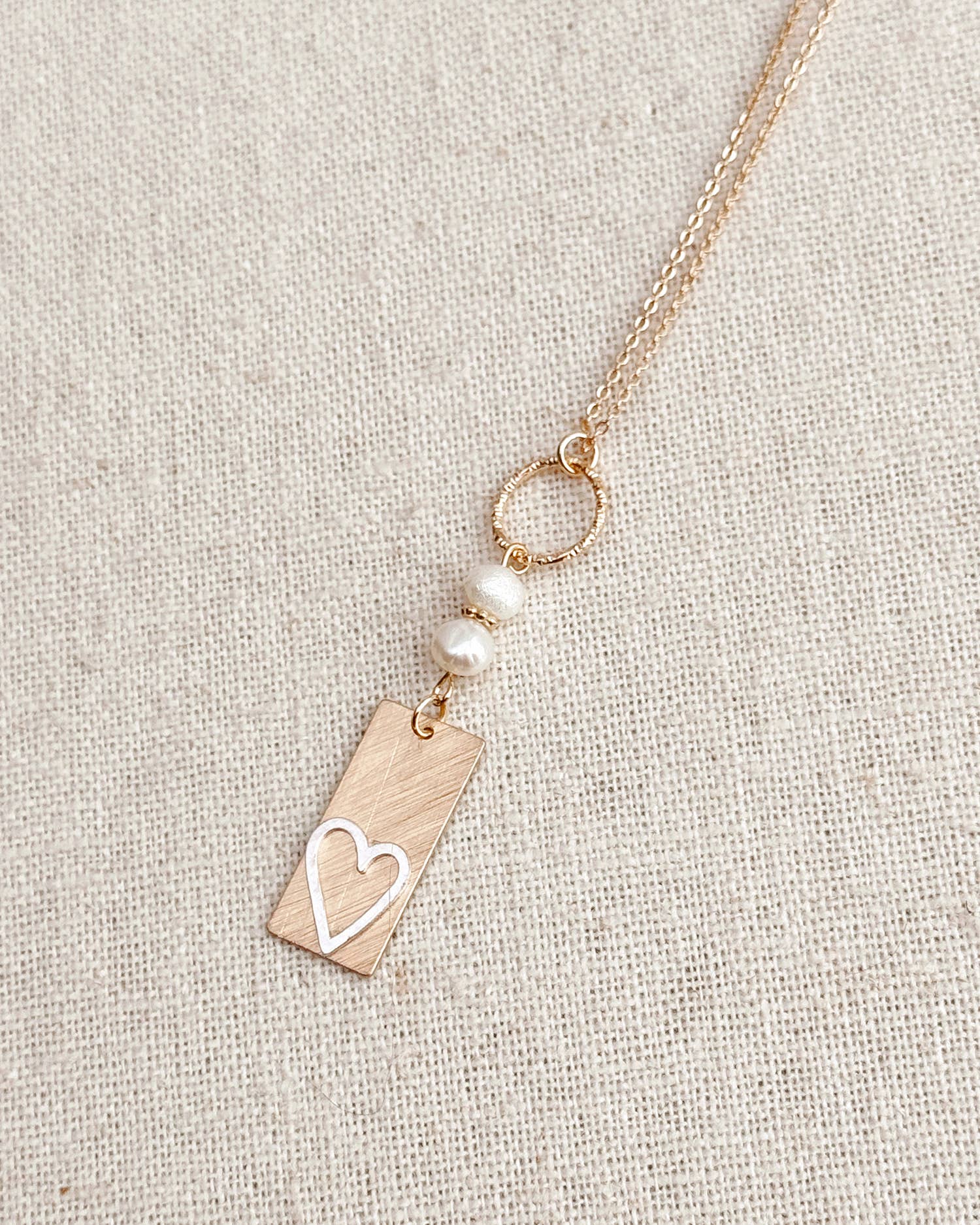 Two Tone Gold & Silver Pearl Heart Tag Necklace