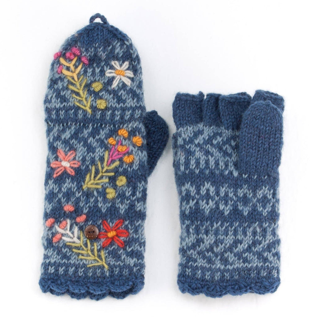 Sadie Wool Convertible Mittens with Embroidery: Light Natural