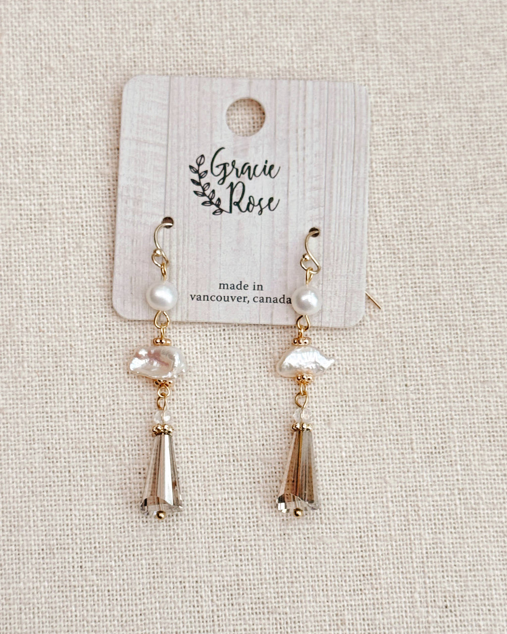 Gold Keshi Pearl & Grey Crystal Drop Earrings