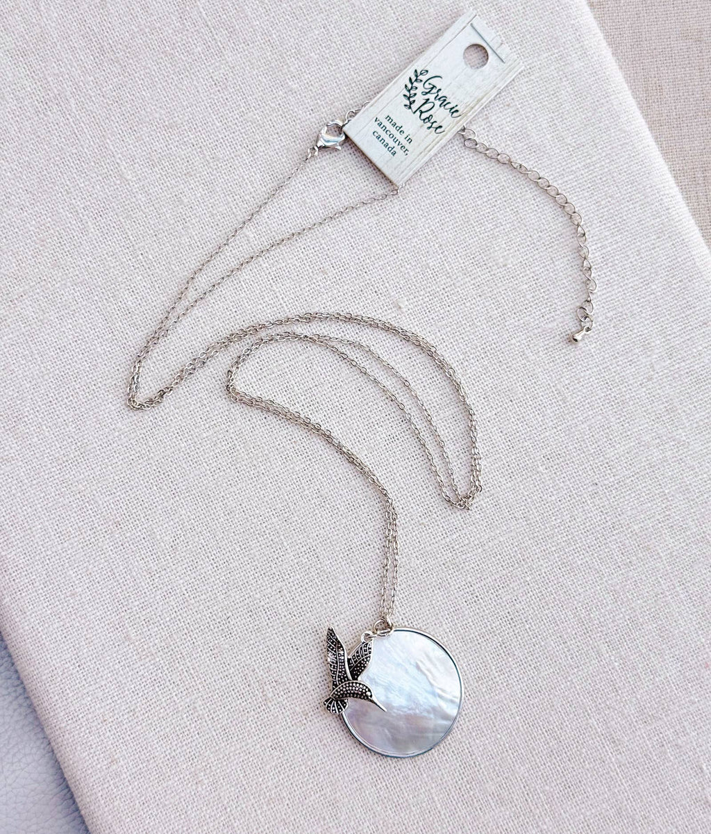 Rhodium Mother of Pearl Shell & Hummingbird Pendant Necklace