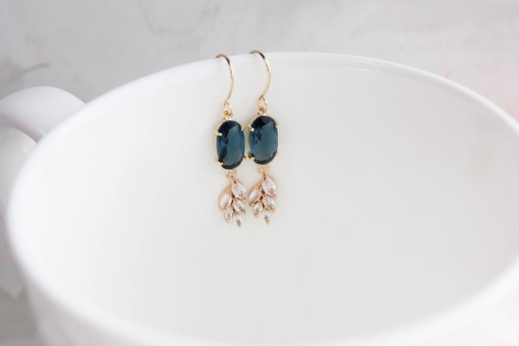 Blue Crystal Leaf Motif Earrings