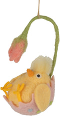 A12660: Felt chick orn in felt hanging flower cup, 6 in