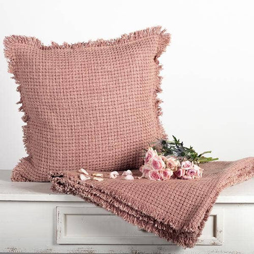 18" x 18" Cotton Slub Cushion Cover With Fringes, Dull Rose