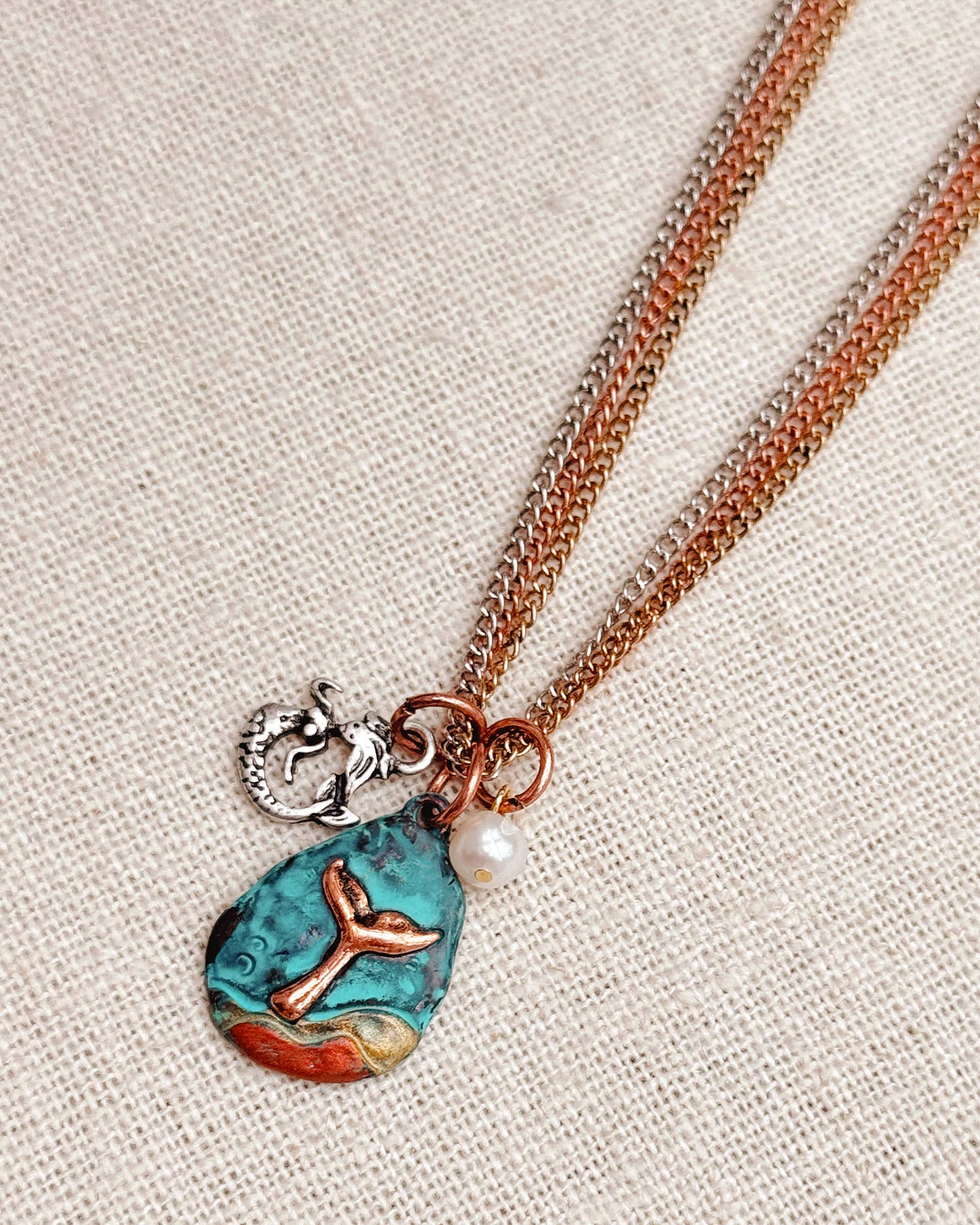 Whale Tail, Mermaid & Pearl Cluster Charms Pendant Necklace
