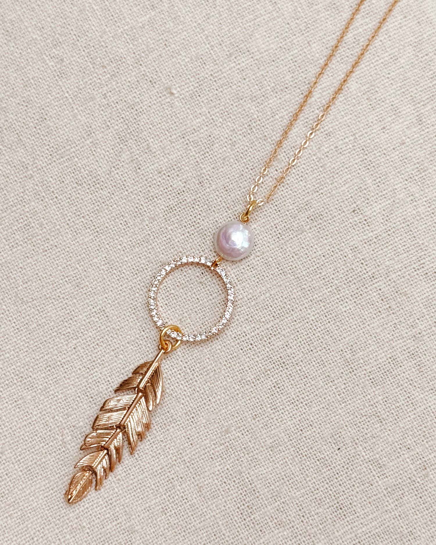 Pearl, Rhinestone Hoop & Feather Pendant Necklace: Silver