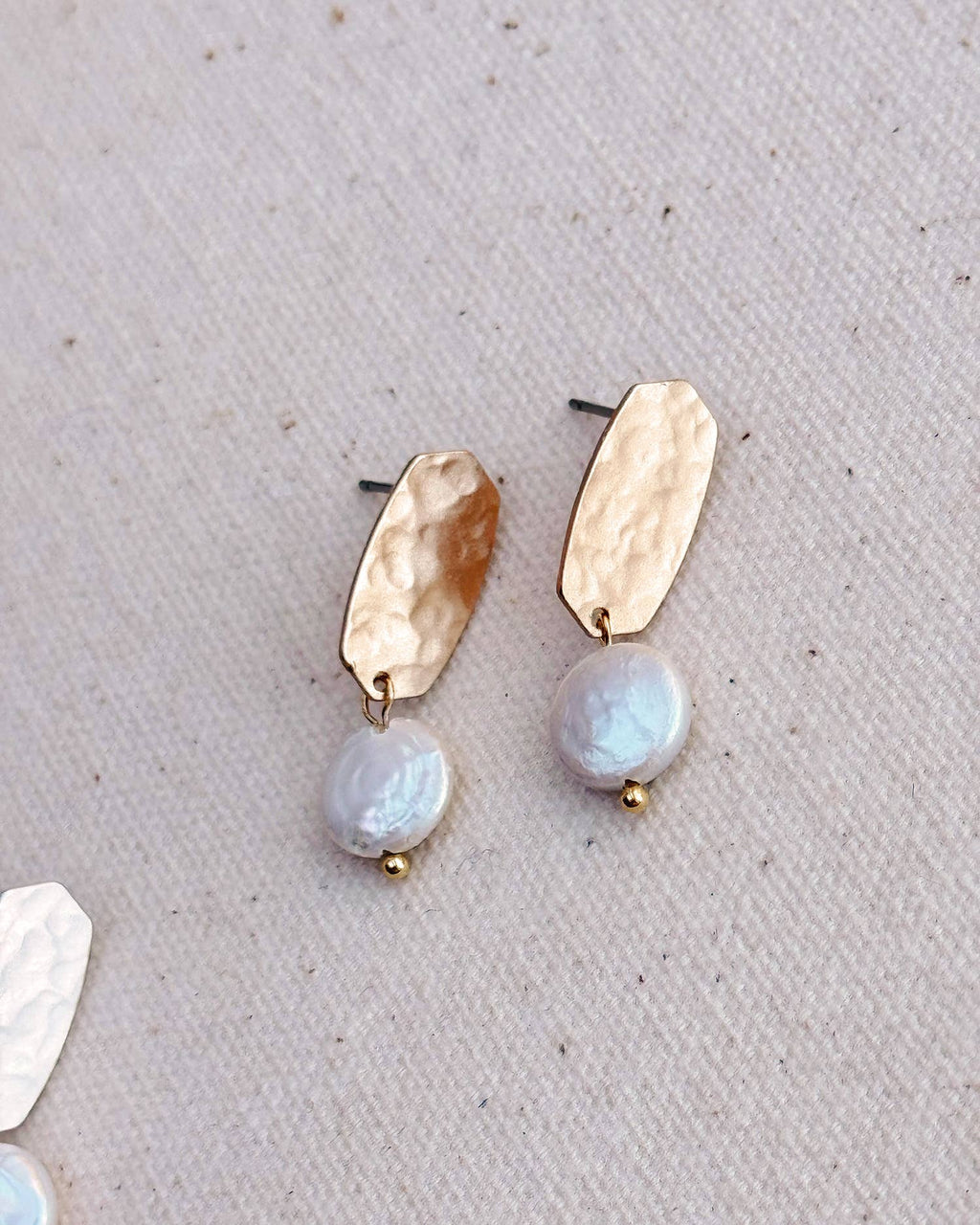 Hammered Stud Coin Pearl Drop Earrings